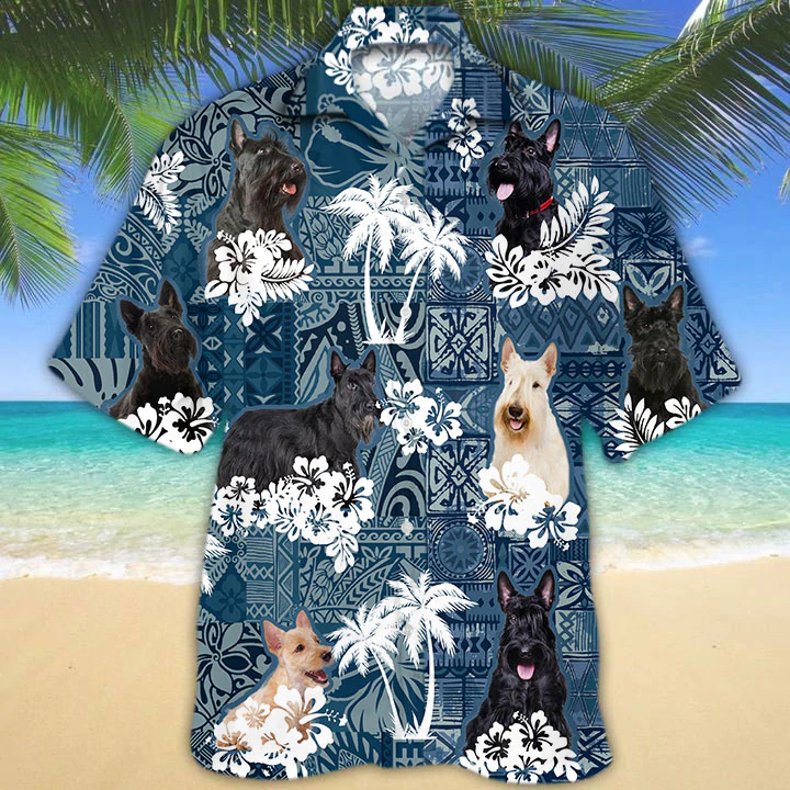 Scottish Terrier Hawaiian Shirt/ Flowers Aloha Shirt For Dog Lovers/ Men''s Hawaiian shirt/ Women''s Hawaiian shirt