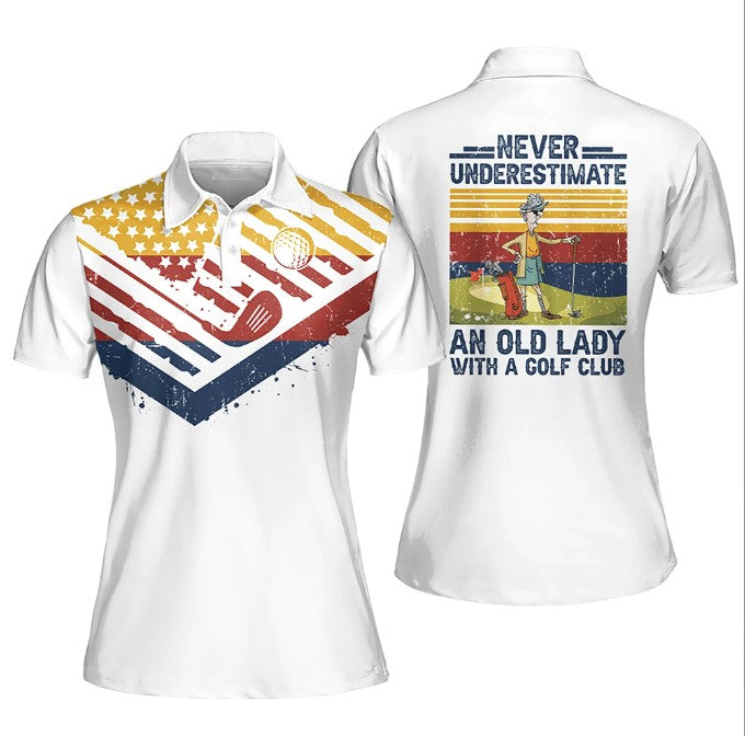 Golf American Flag Never Underestimate An Old Lady With A Golf Club Sleeveless Polo Shirt
