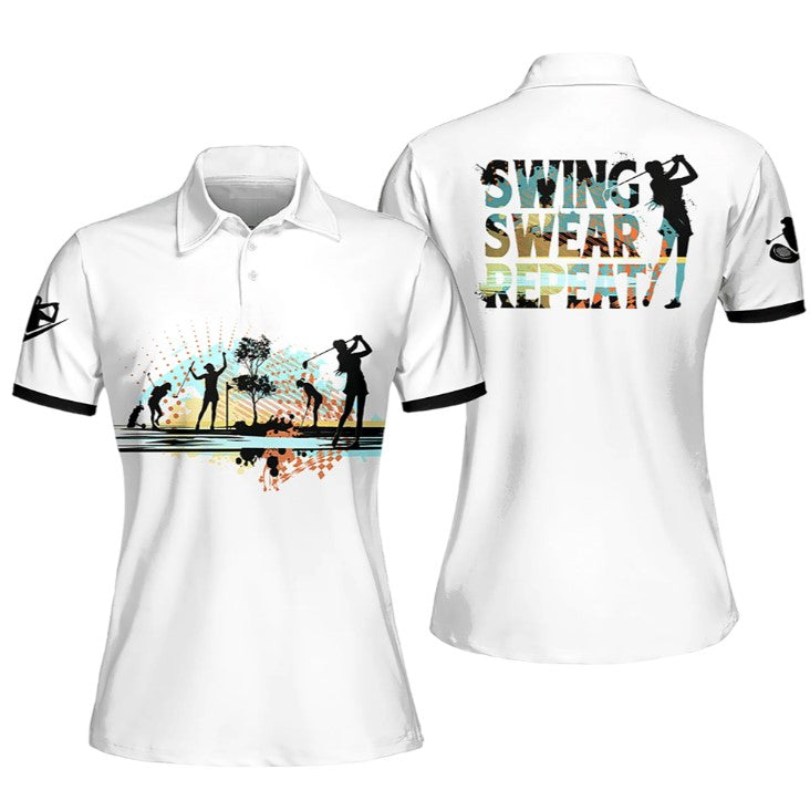 Golf Club Swing Swear Repeat Black Sleeveless Polo Shirt/ Women Short Sleeve Polo Shirt