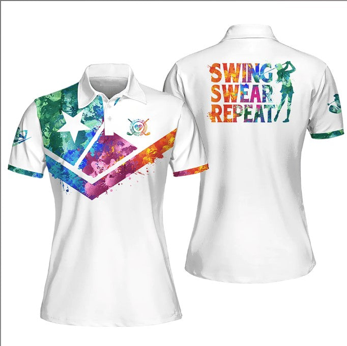 Golf Watercolor Swing Swear Repeat Texas Flag Golf Sleeveless Polo Shirt for Women