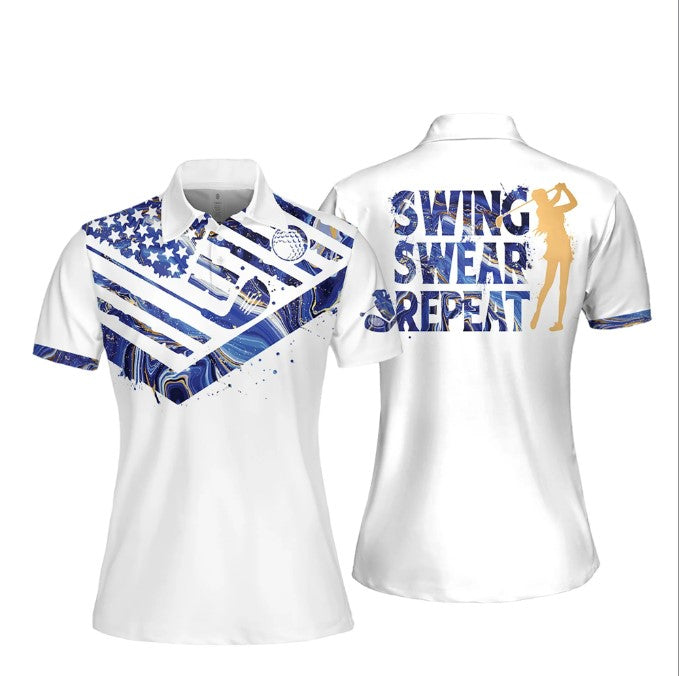 Blue Marble Swing Swear Repeat Women Short Sleeve Polo Shirt/ Golf Short Sleeve Polo Shirt for women