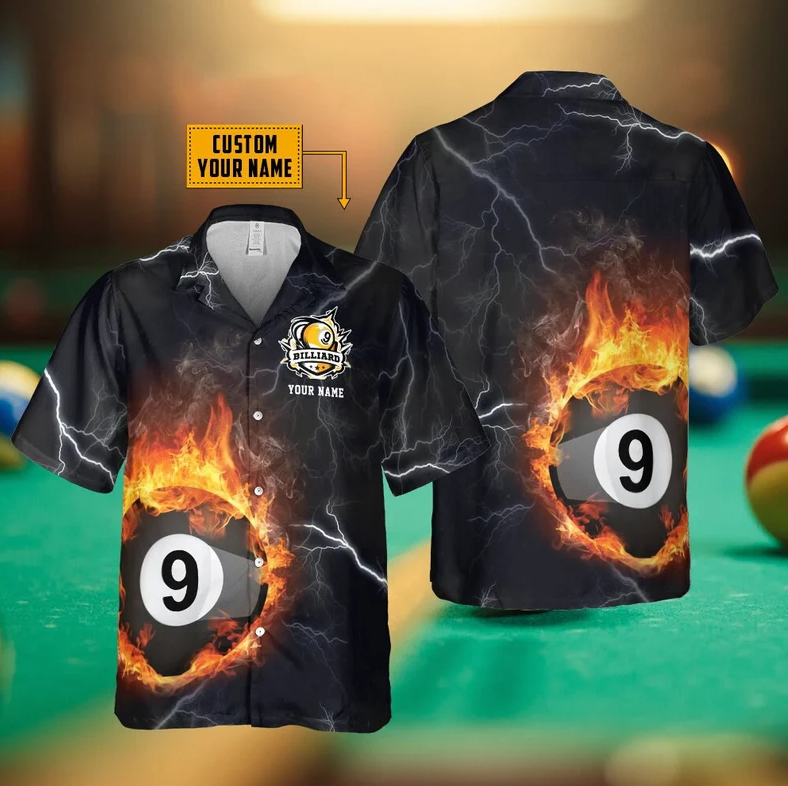 Personalized Billiard 9 Ball Fire Flame Hawaiian Shirt