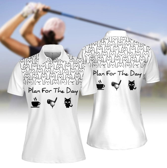 Plan For The Day Coffee/ Golf And Cat Women Short Sleeve Polo Shirt/ Short Sleeve Polo Shirt For Women