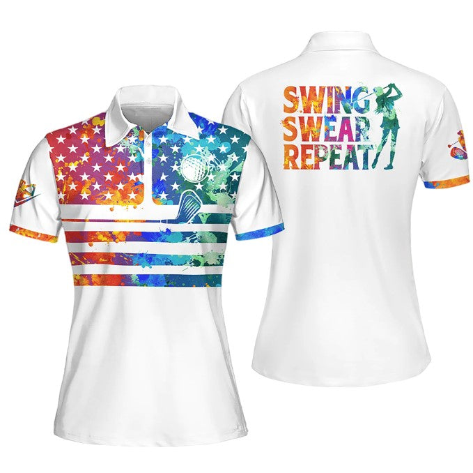 Womens Golf Polo Shirt/ American Flag Watercolor Swing Swear Repeat Vintage Women Golf Shirt/ Short Sleeve Polo Shirt For Women