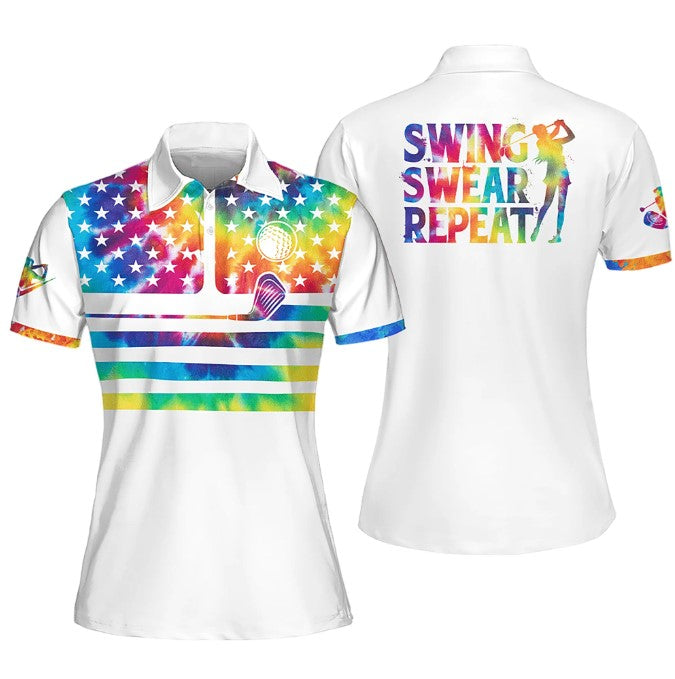 Women Golf Polo Shirt/ Tie-Dye American Flag Swing Swear Repeat Sleeveless Polo Shirt/ Women Golf Shirt