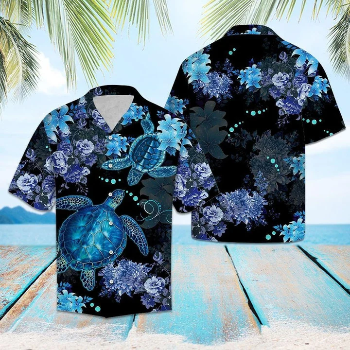 Sea Turtle Blue And Black Hawaiian Shirt