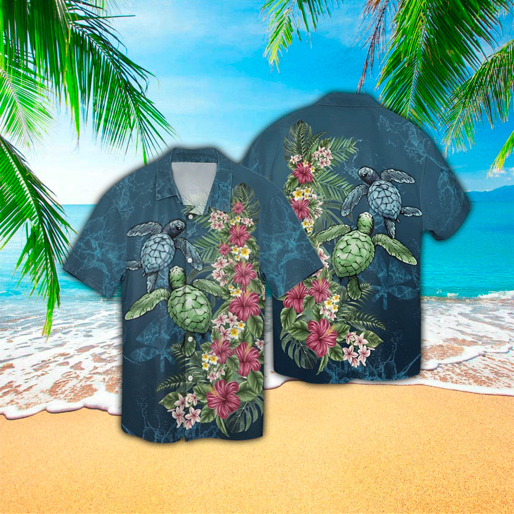 Sea Turtle With Tropical Leaf Flower 3D Print Polyester Hawaiian Shirt