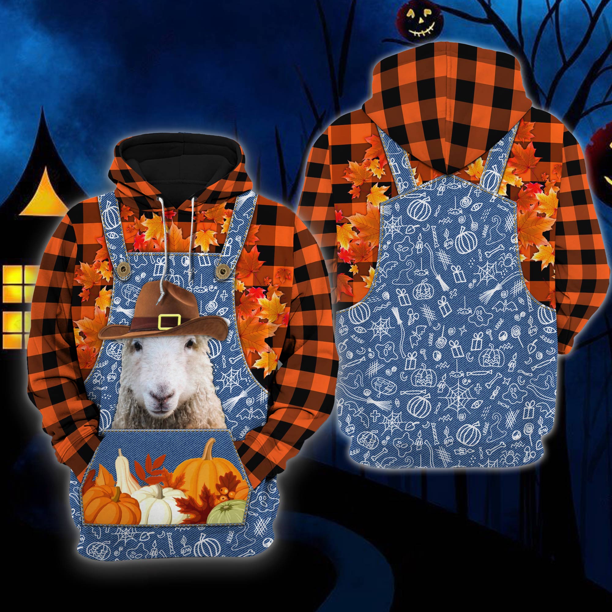 Halloween Sheep Hoodies/ Happy Halloween Sheep Orange Plaid 3D Unisex Hoodie