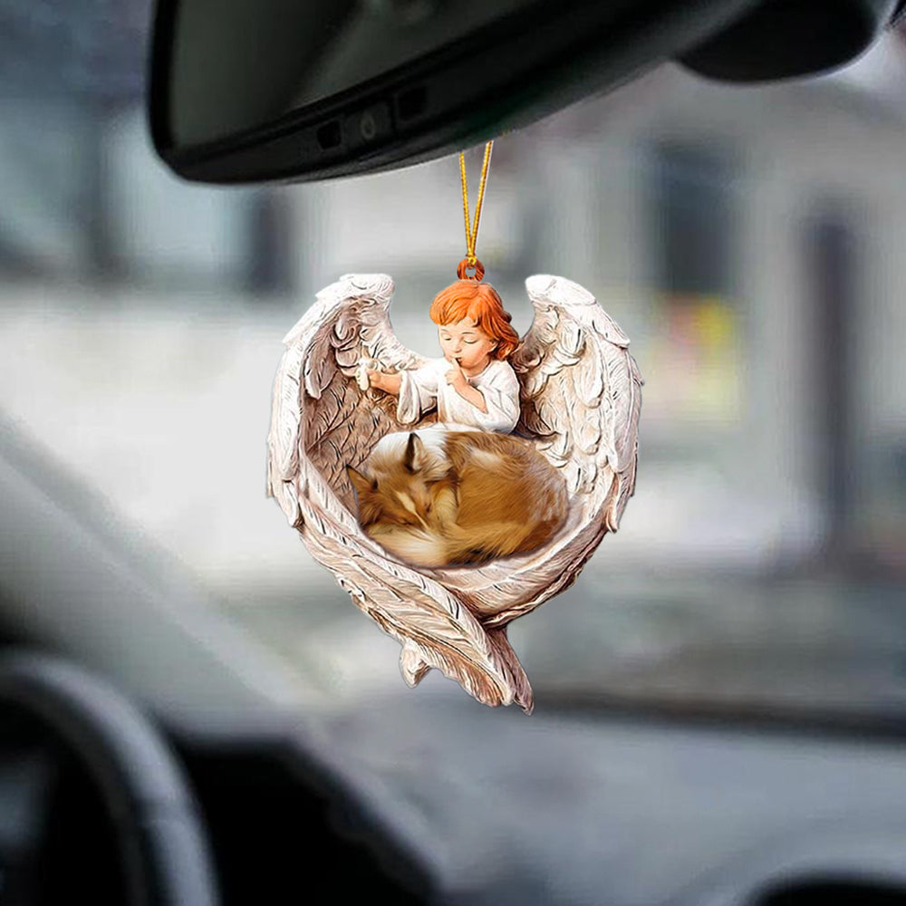 Sleeping Sheltie Protected By Angel Car Hanging Ornament