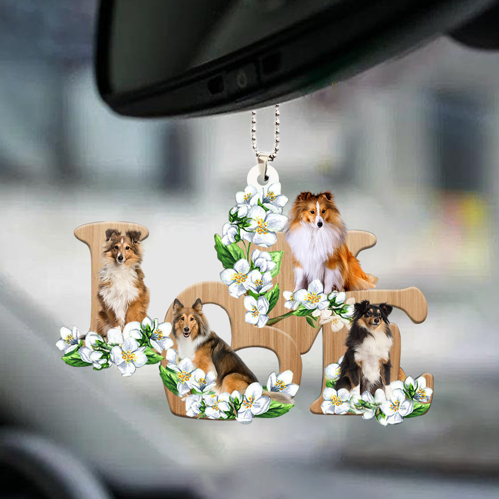 Shetland Sheepdog Love Flowers Dog Lover Car Hanging Ornament Auto Interior Decor