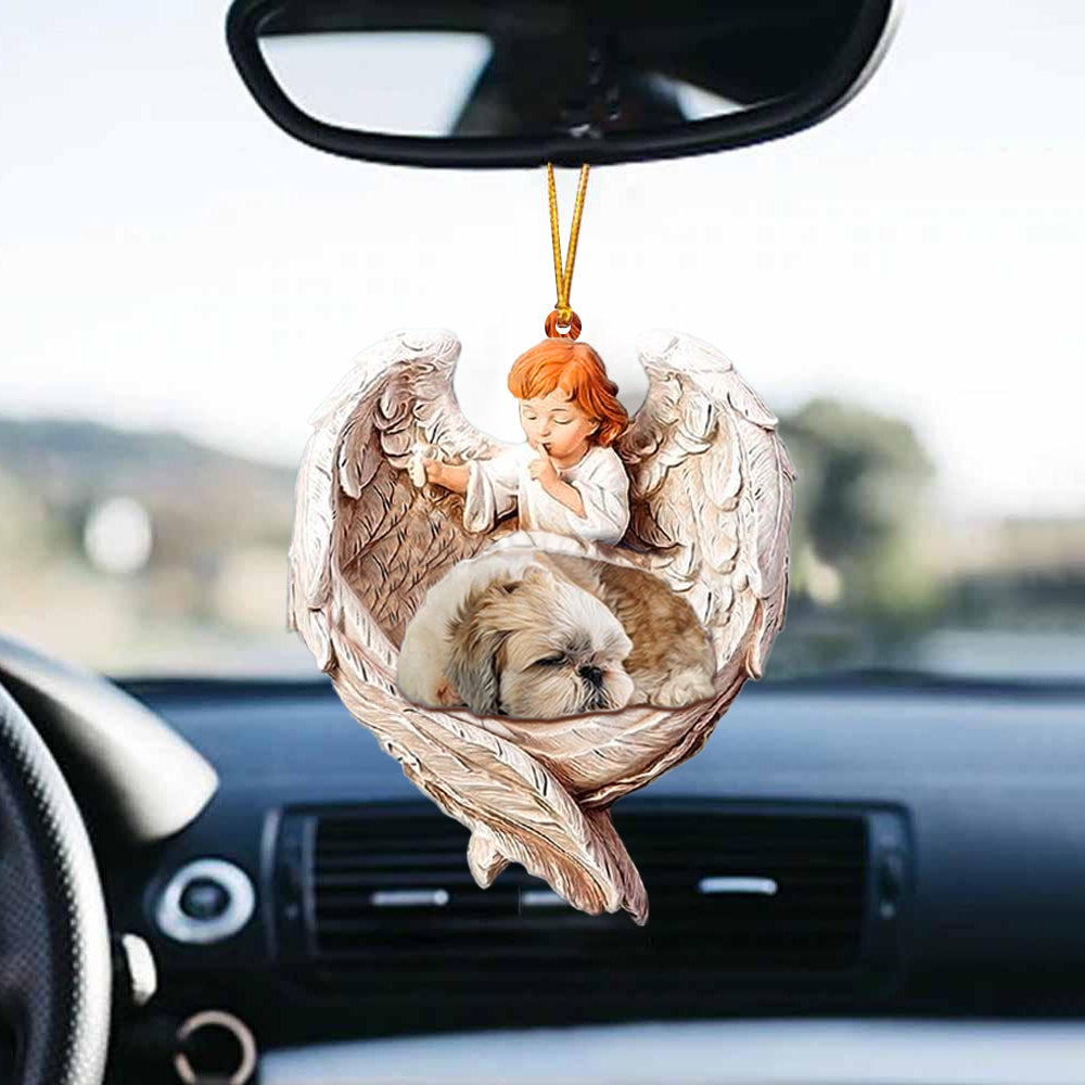 Sleeping Shih Tzu Protected By Angel Car Hanging Ornament