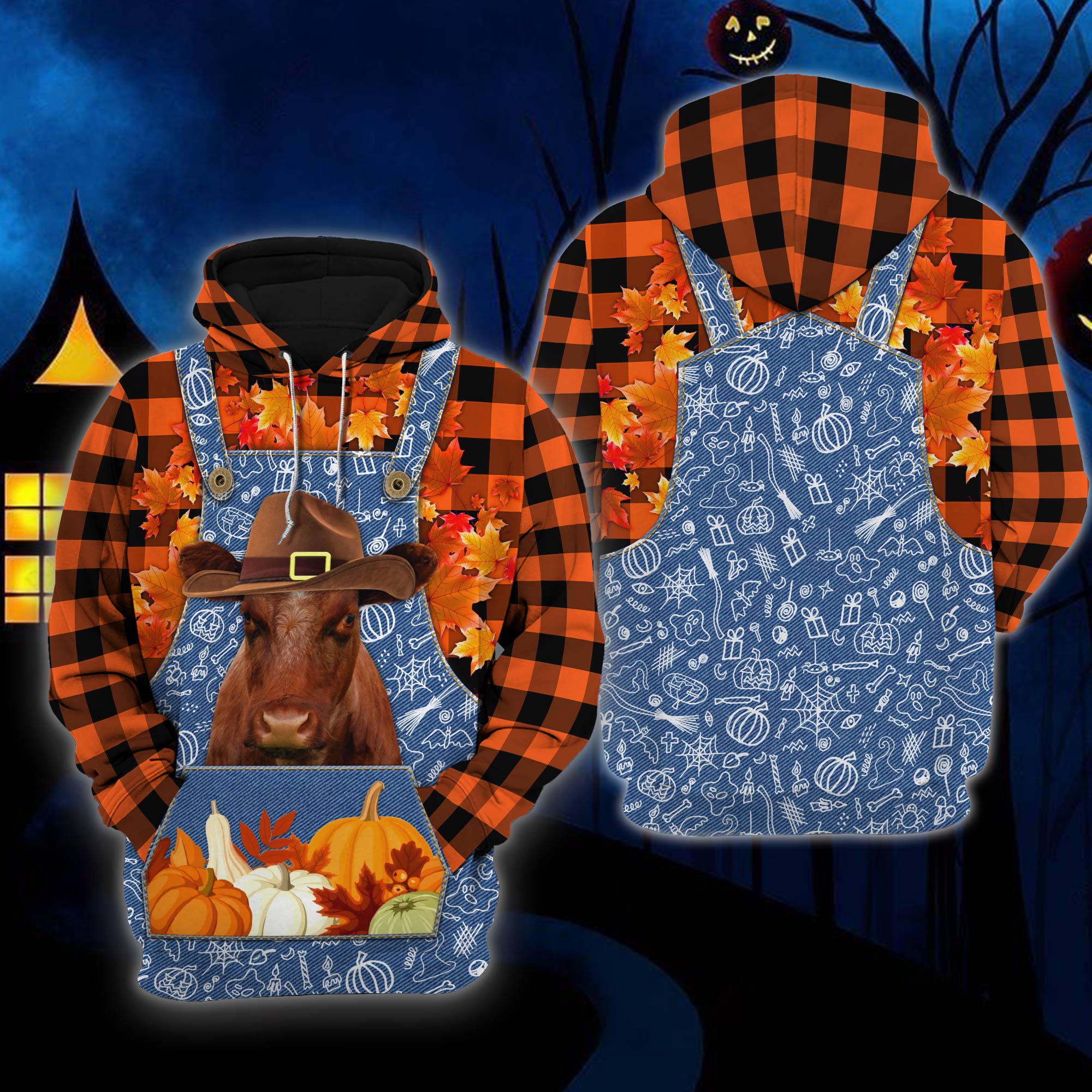 Happy Halloween Shorthorn Premium Hoodies/ Orange Plaid All Printed Hoodie
