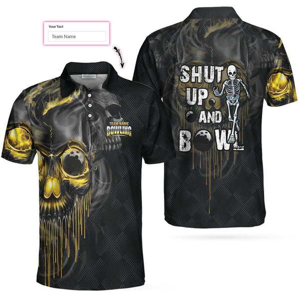 Shut Up And Bowl Golden Skull Custom Polo Shirt/ Black Skull Bowling Shirt With Sayings/ Personalized Bowling Gift Coolspod