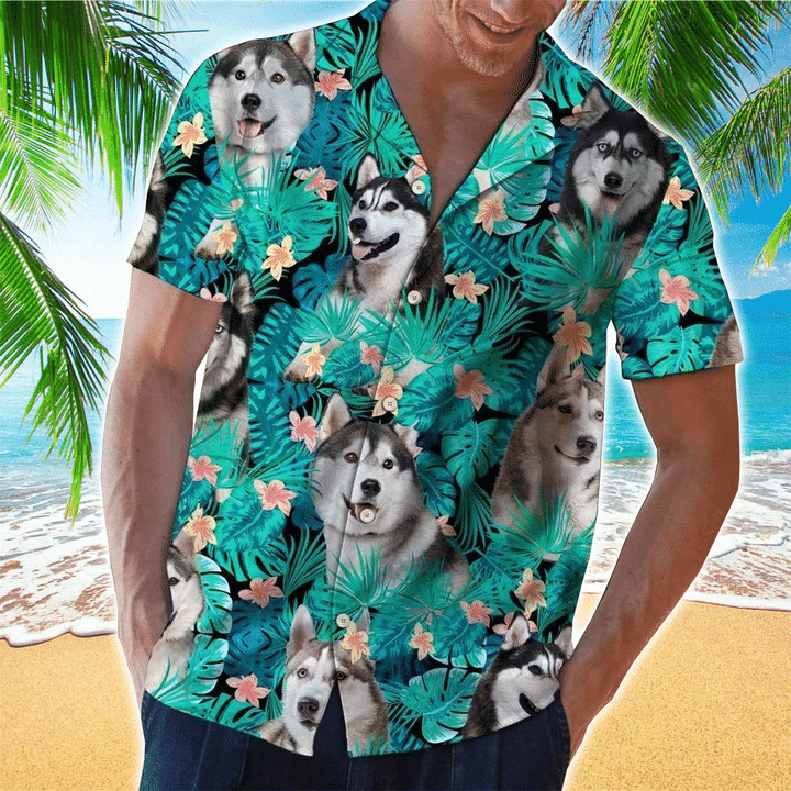 Siberian Husky Tropical 3D All Over Printed Hawaiian shirt/ Men''s Hawaiian Shirt