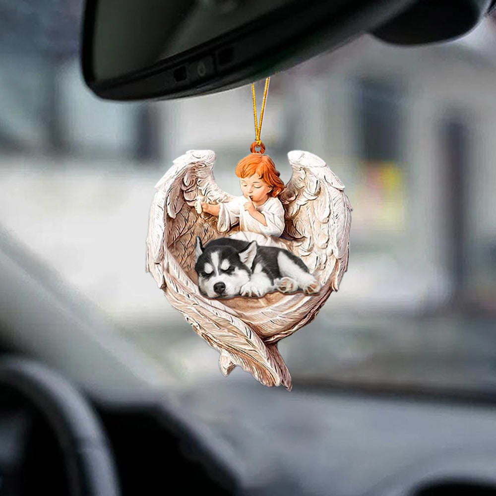 Sleeping Husky Protected By Angel Car Mirror Hanging Ornament