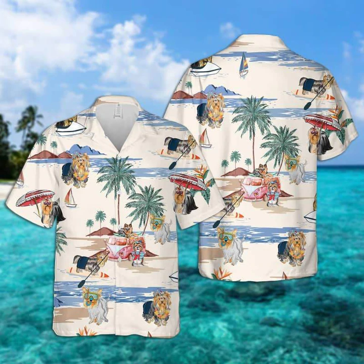 Silky Terrier Summer Beach Hawaiian Shirt/ Hawaiian Shirts for Men Short Sleeve Aloha Beach Shirt