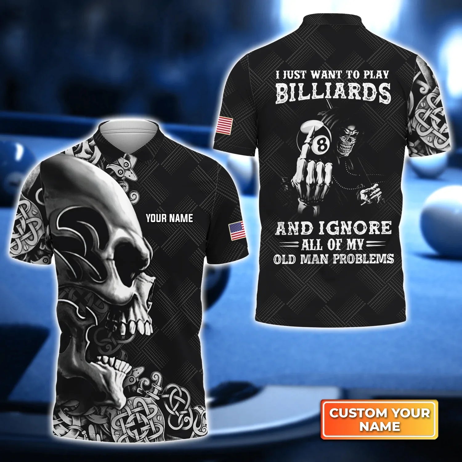 American Flag Pool 8 Ball Shut Up And Shoot Personalized Name 3D Polo Shirt/ Gift For Billiard Players
