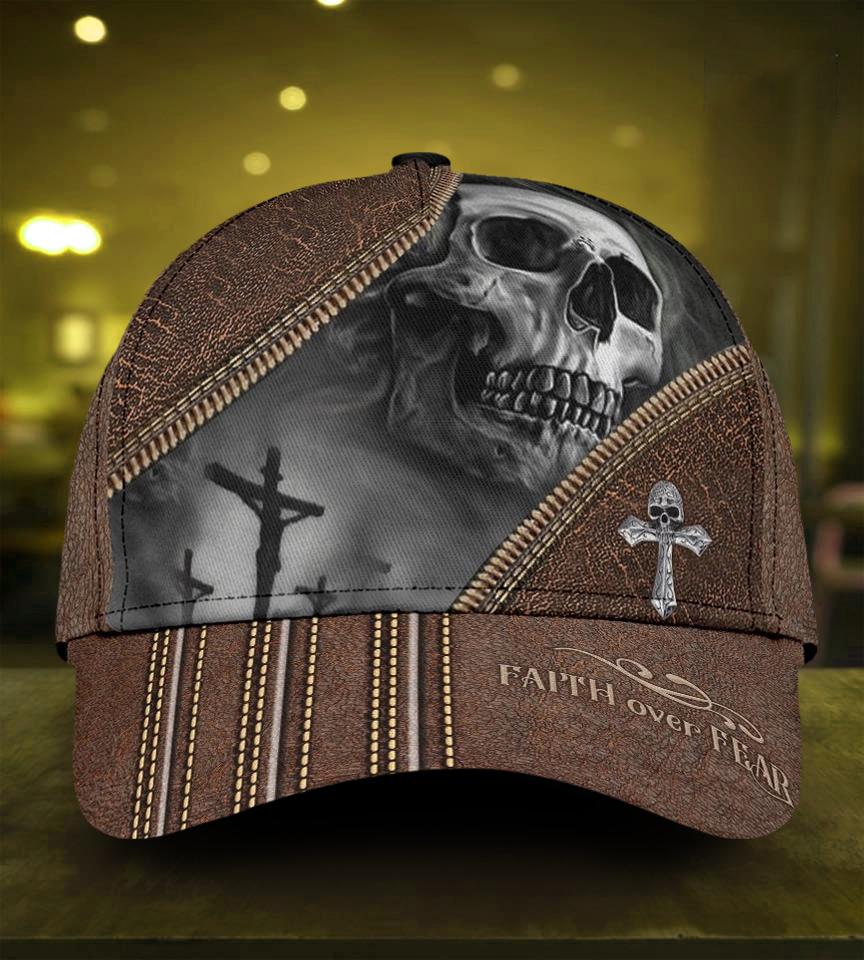 Skull Faith Over Fear Classic Cap/ 3D Full Print Skull Cap Hat Leather Pattern