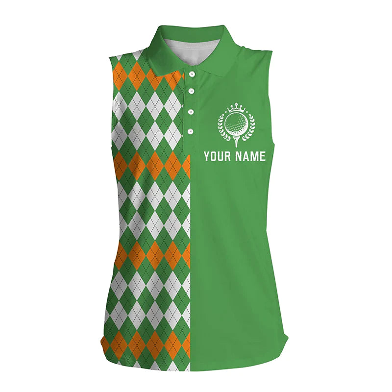 Sleeveless Golf polo shirts for women custom green Argyle plaid pattern golf shirt