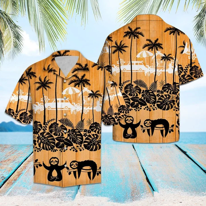 Sloth Palm Tree Sunset Lovers Pattern Hawaiian Shirt
