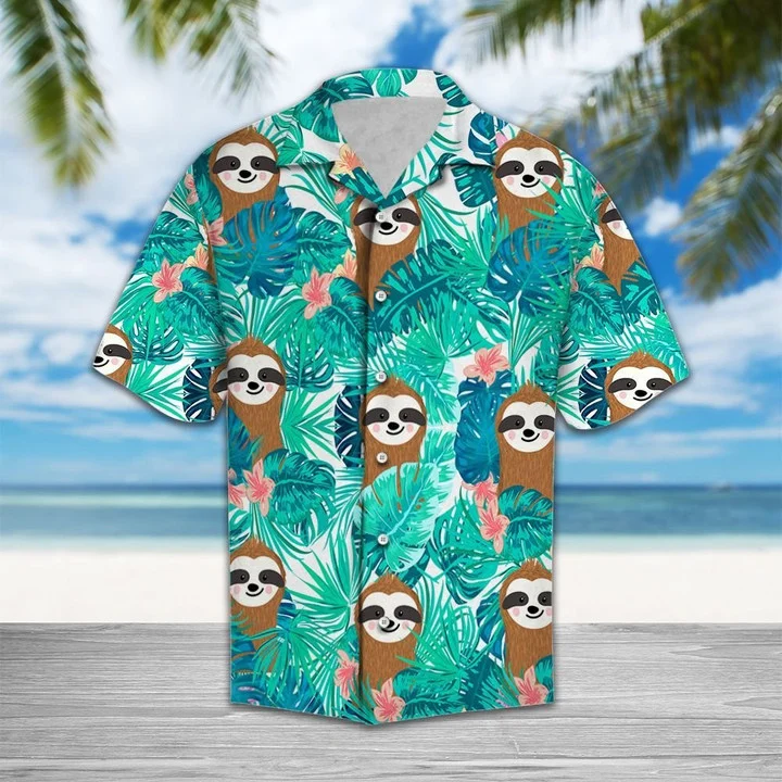 Smiling Sloth With Tropical Palm Leaves Summer Hawaiian Shirt/ Short Sleeve Hawaiian Aloha Shirt