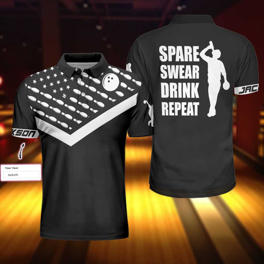 Spear Swear Drink Repeat Bowling Custom Polo Shirt/ Personalized Black American Flag Bowling Shirt For Men Coolspod
