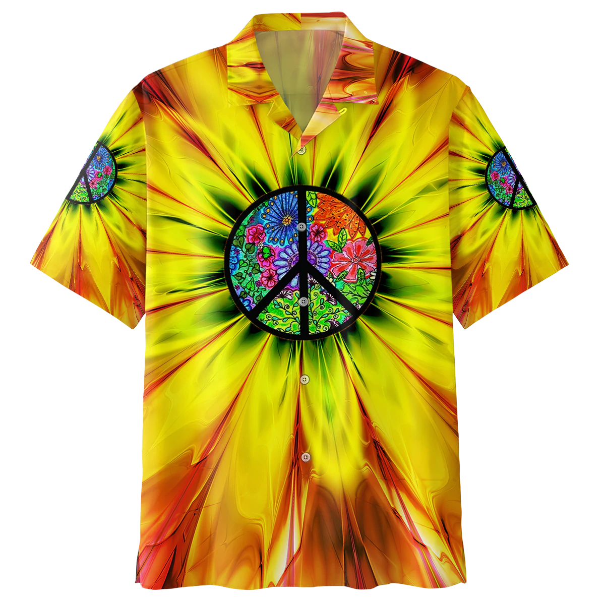 Spiritual Hippie Floral Pattern Peace Sign Tie Dye Trippy Hawaiian Shirt