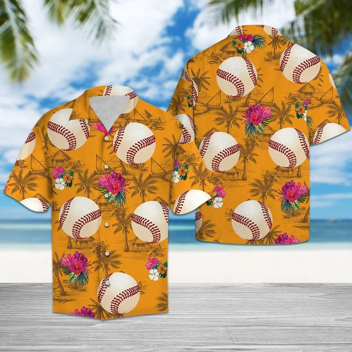 Sporty Baseball Tropical Flowers  Hawaiian Shirt