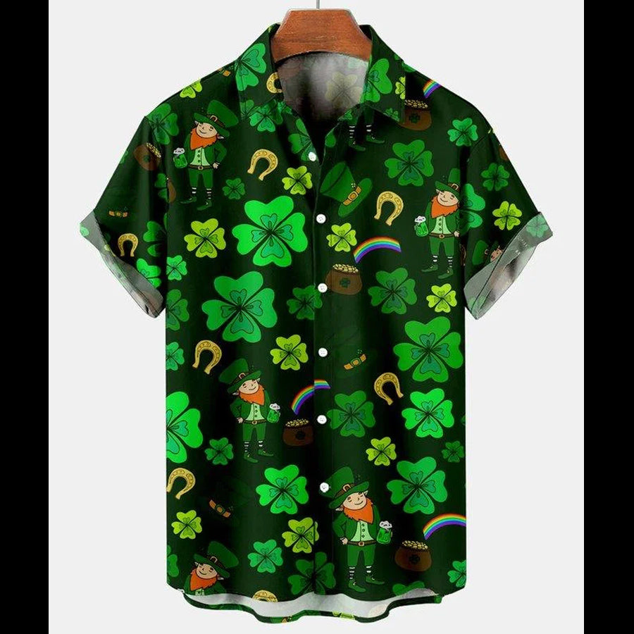 St. Patrick''s Day Clover Rainbow Casual Men''s Large Short Sleeve Shirt