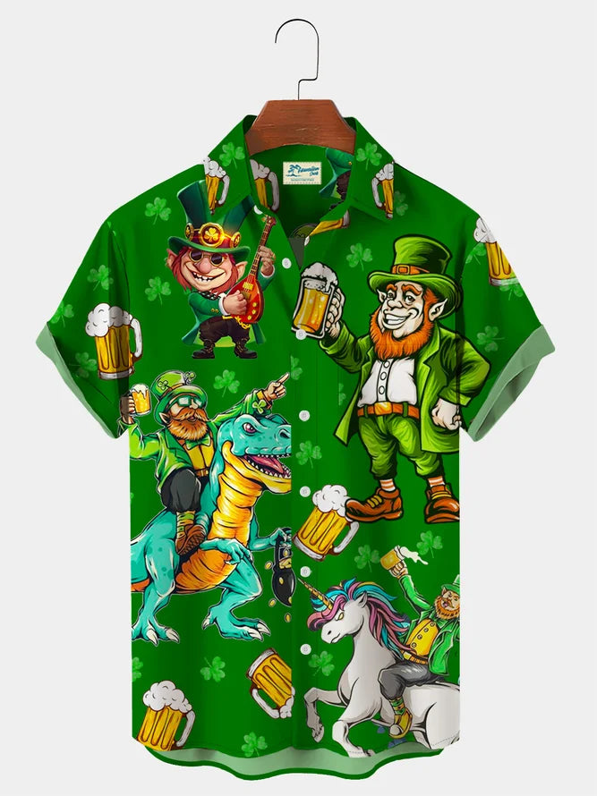 St. Patrick''s Day Green Shamrock Dinosaur Fun Print Hawaiian Shirt Plus Size Vacation Shirt