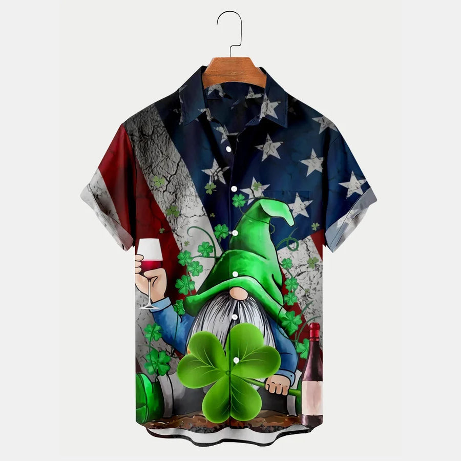 St. Patrick''s Gnome Shamrock American Flag Print Men''s Hawaiian Shirt