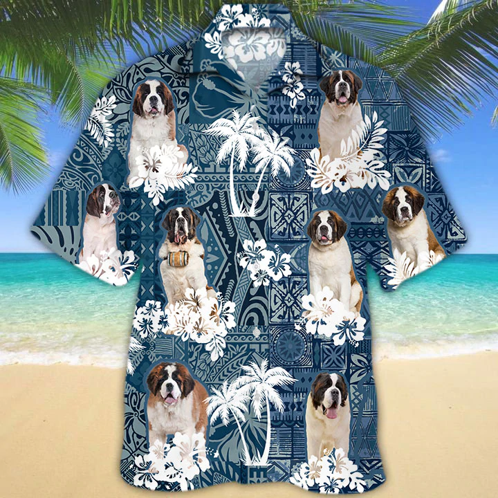 St Bernard Hawaiian Shirt/ Flowers Aloha Shirt For Dog Lovers/ Men''s Hawaiian shirt/ Women''s Hawaiian shirt