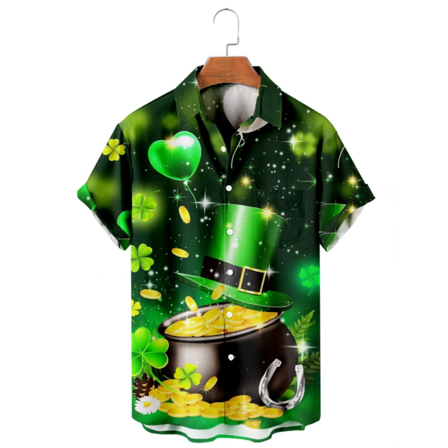Gold Golden Irish Hawaiian Shirt/ St. Patrick''s Day 3d Shirt/ Shamrock Hawaiian Shirt