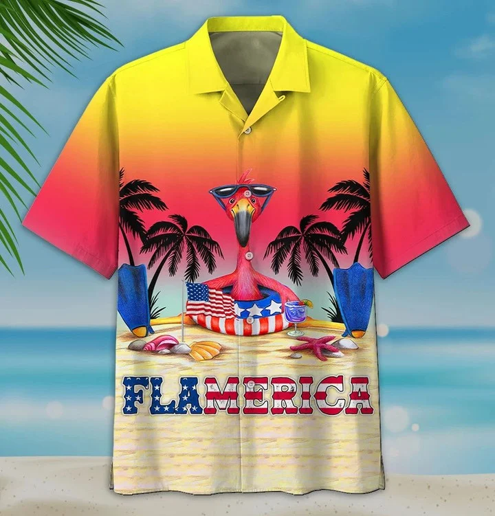 Summer Flamerica On The Sand Yellow To Red Theme Hawaiian Shirt