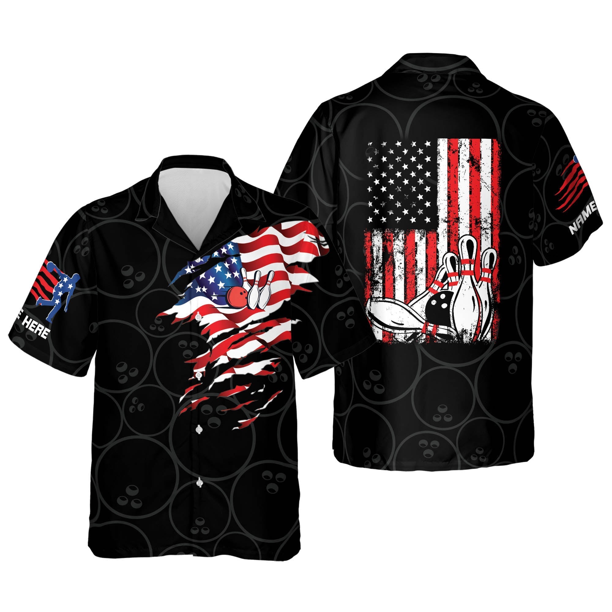 Custom Bowling Hawaiian Shirts for Men/ USA Flag Patriotic Hawaiian Bowling Shirts