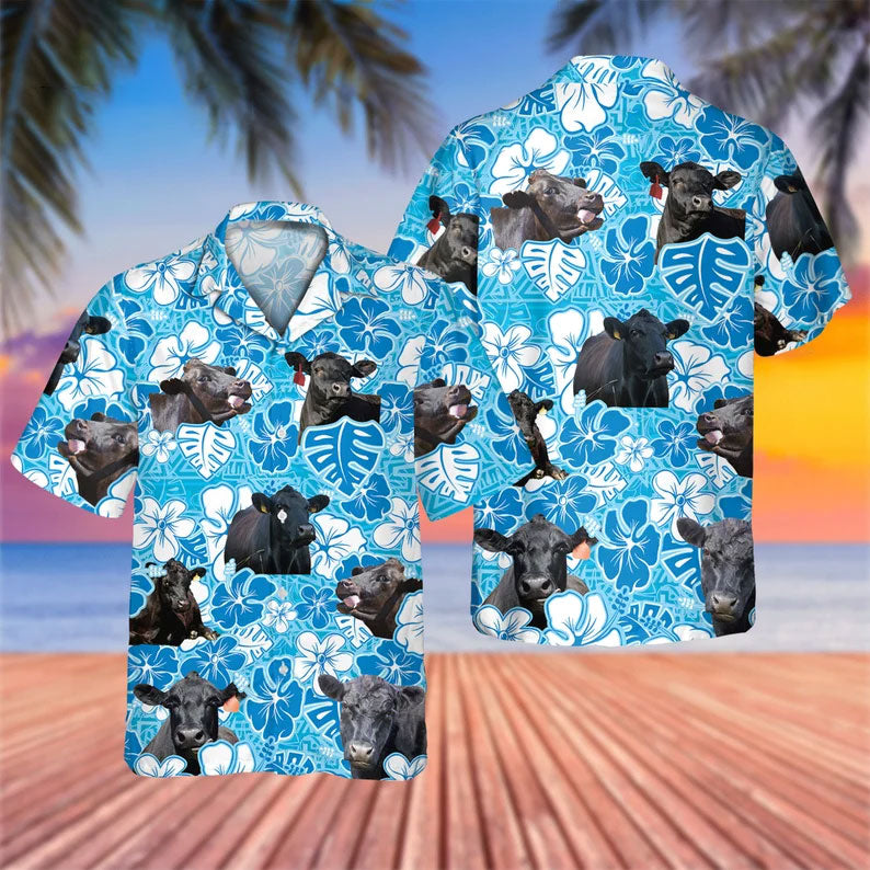 Black Angus Blue Floral Hawaiian All Over Printed 3D Hawaiian Shirt