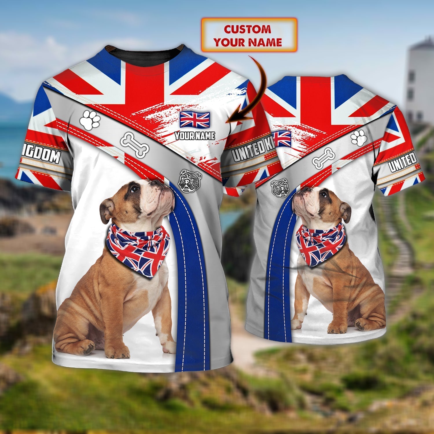 Personalized Name 3D Tshirt Bulldog With UK Flag Pattern