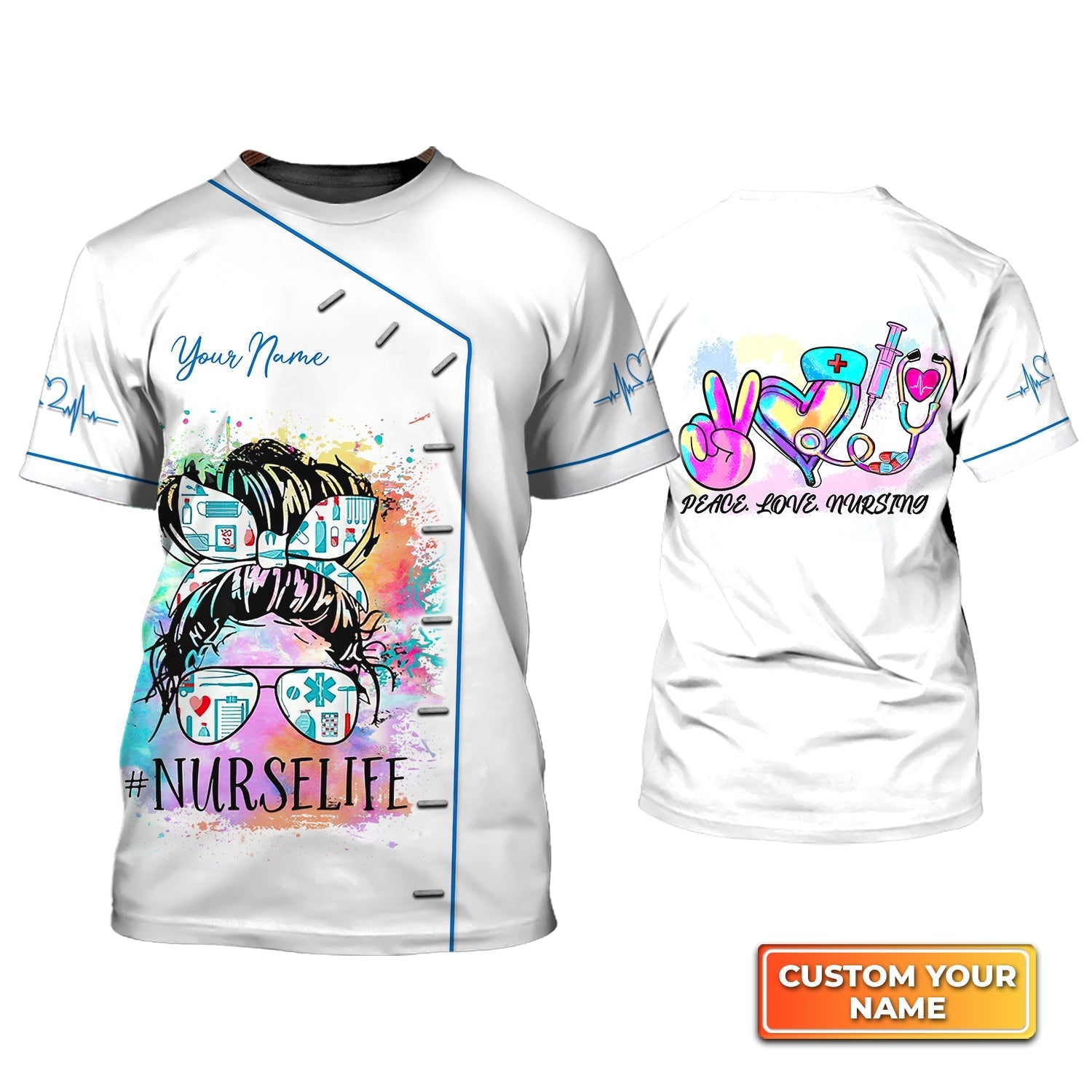 Custom 3D Nurse Shirt Peace Love Women Nursing Nurse Life Watercolor Shirts