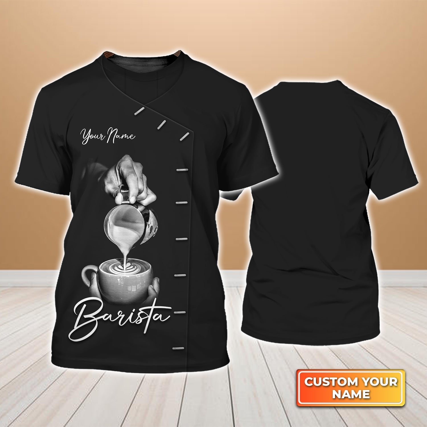 Barista Hand Making Lattle Drawing Black And White Personalized Name 3D Barista Tshirt