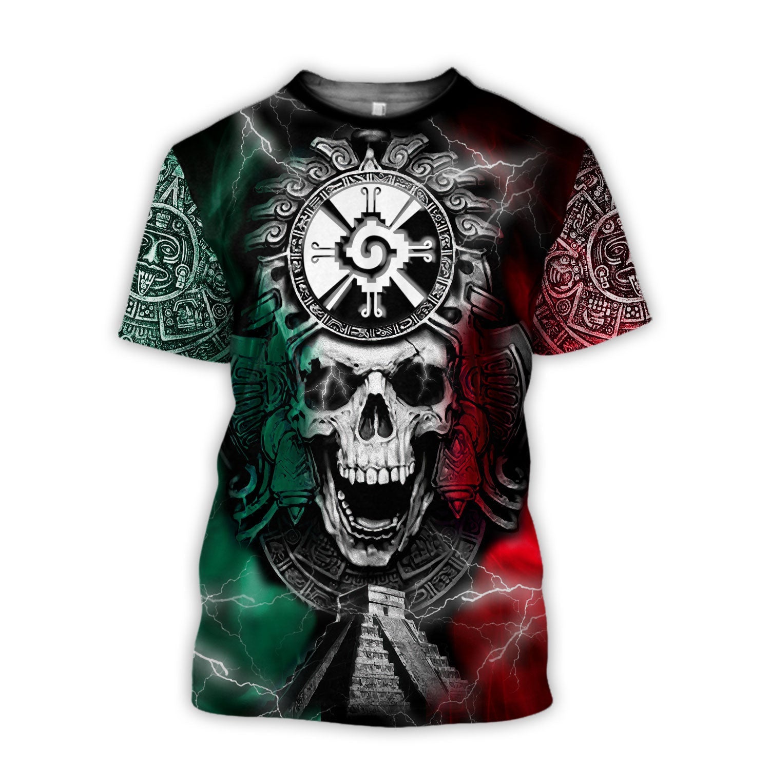 Mexican Maya Hunab Ku Skull 3D All Over Printed T-Shirt/ Skull Shirt/ Mexico Flag Shirt