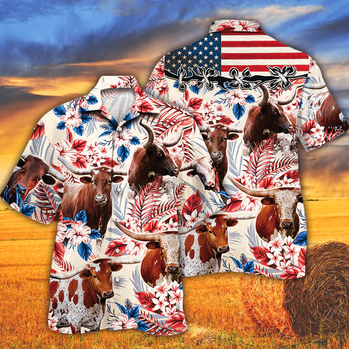 Tx Longhorn Cattle Lovers American Flag Hawaiian Shirt/ Cow Hawaiian shirt vintage flower/ Hawaiian shirt men/ Hawaiian shirt women