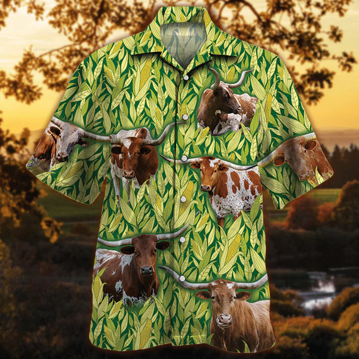 Tx Longhorn Cattle Lovers Corn Pattern Hawaiian Shirt/ Cow lovers Short Sleeve Hawaiian Aloha Shirt