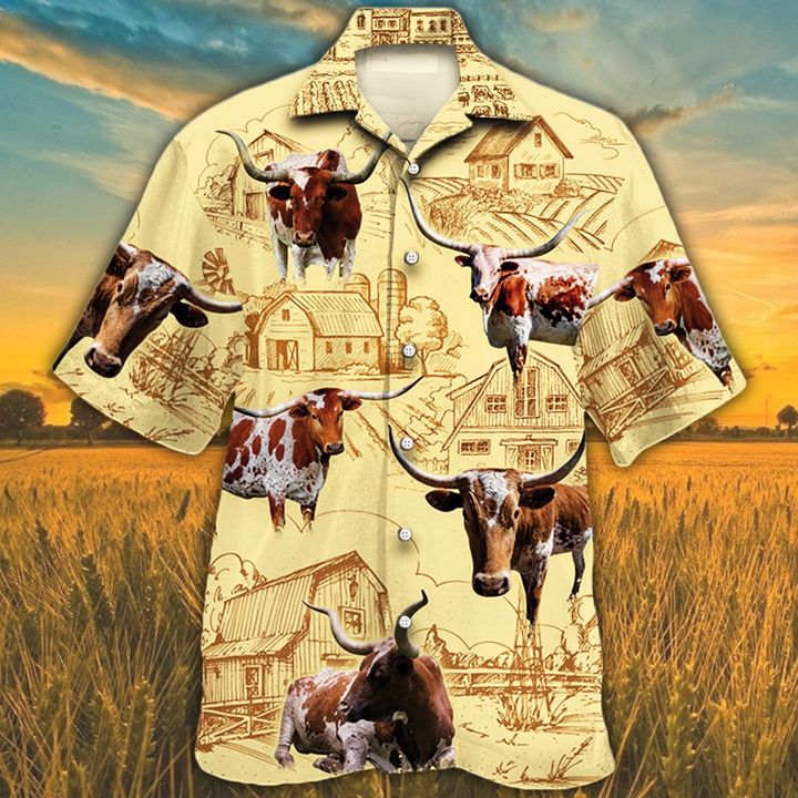 Tx Longhorn Cattle Lovers Farm Hawaiian Shirt