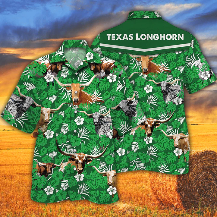 Tx Longhorn Cattle Lovers Green Floral Pattern Hawaiian Shirt/ Cow men''s Hawaiian shirt - Vintage Farm Hawaiian Shirts