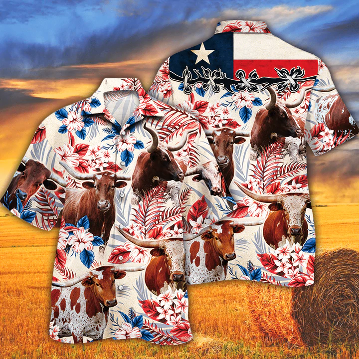 Tx Longhorn Cattle Lovers Texas Flag Hawaiian Shirt/ Cow Hawaiian shirt vintage flower/ Hawaiian shirt men/ Hawaiian shirt women