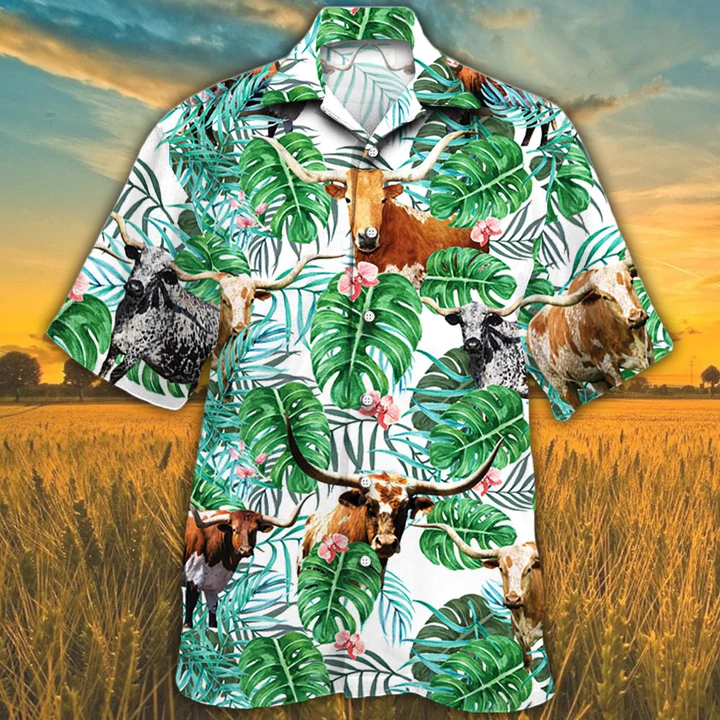 Tx Longhorn Cattle Lovers Tropical Plant Hawaiian Shirt/ Cow Hawaiian shirt/