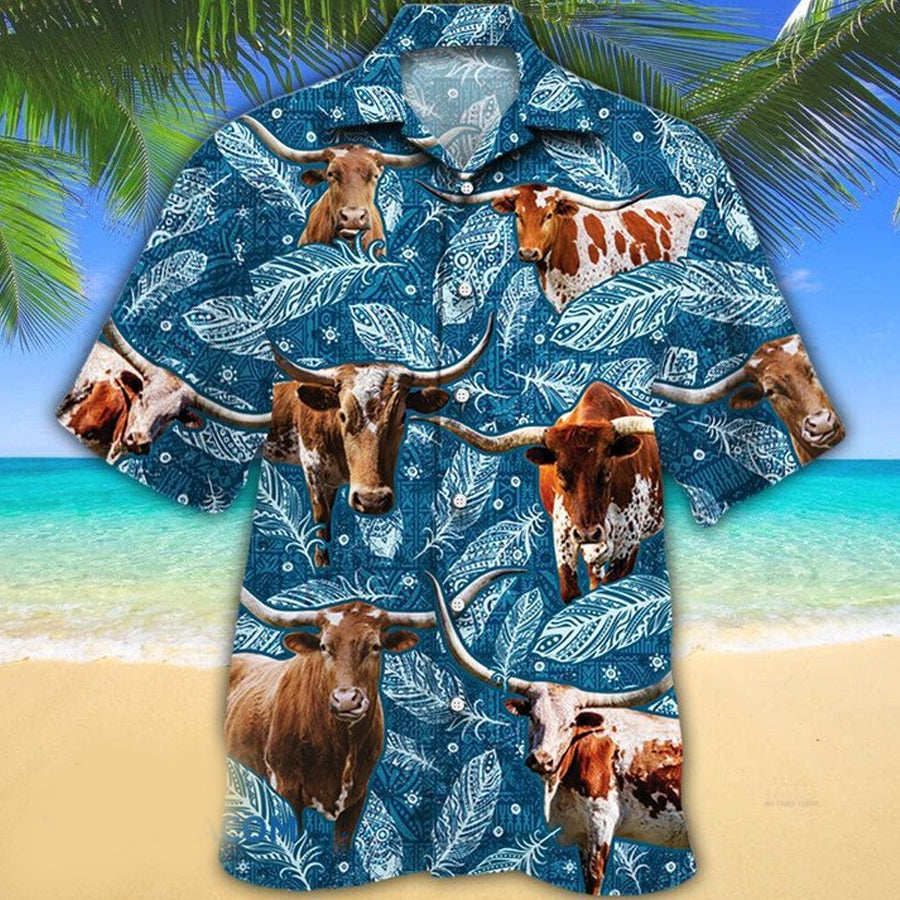 TX Longhorn Cattle Lovers Blue Feather Hawaii Hawaiian Shirt