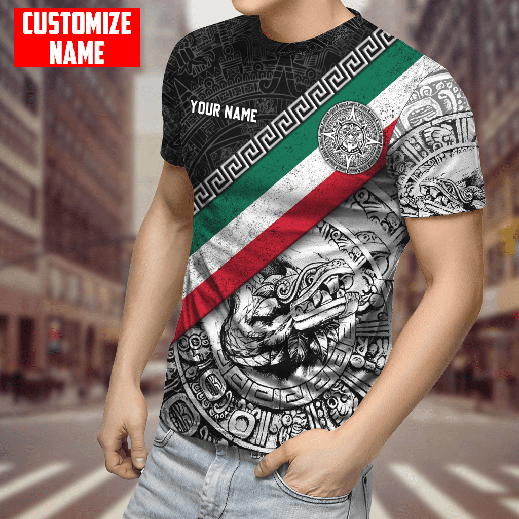 Personalized Mexican T-Shirt/ Mexico Aztec Line Quetzalcoatl Pattern Shirt/ Custom Name Mexico Flag 3D Shirt