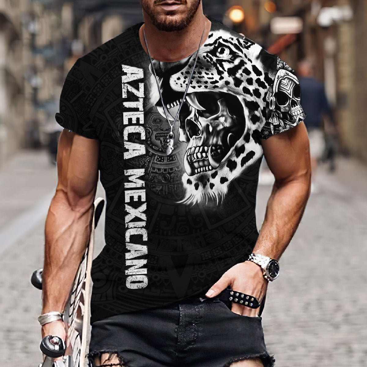 3D All Over Print Mexicano Shirt/ Jaguar Skull Azteca Panther T-Shirt/ Best Gift Shirt for Him
