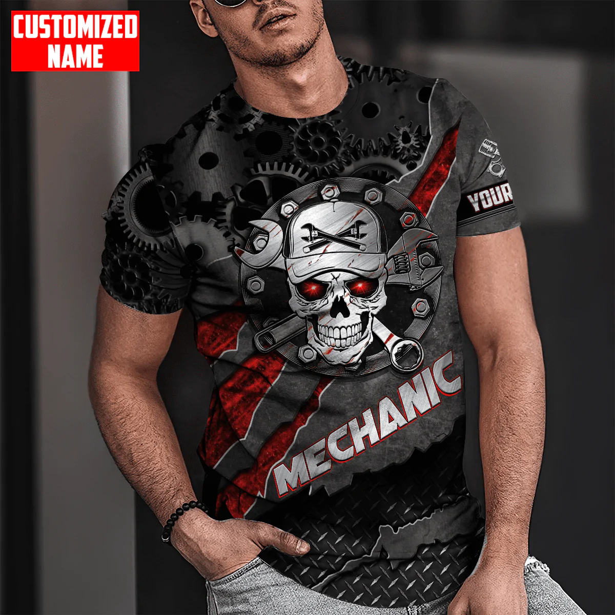 Personalized Mechanic Skull Tool T Shirt Metal Pattern Mechanic Shirts